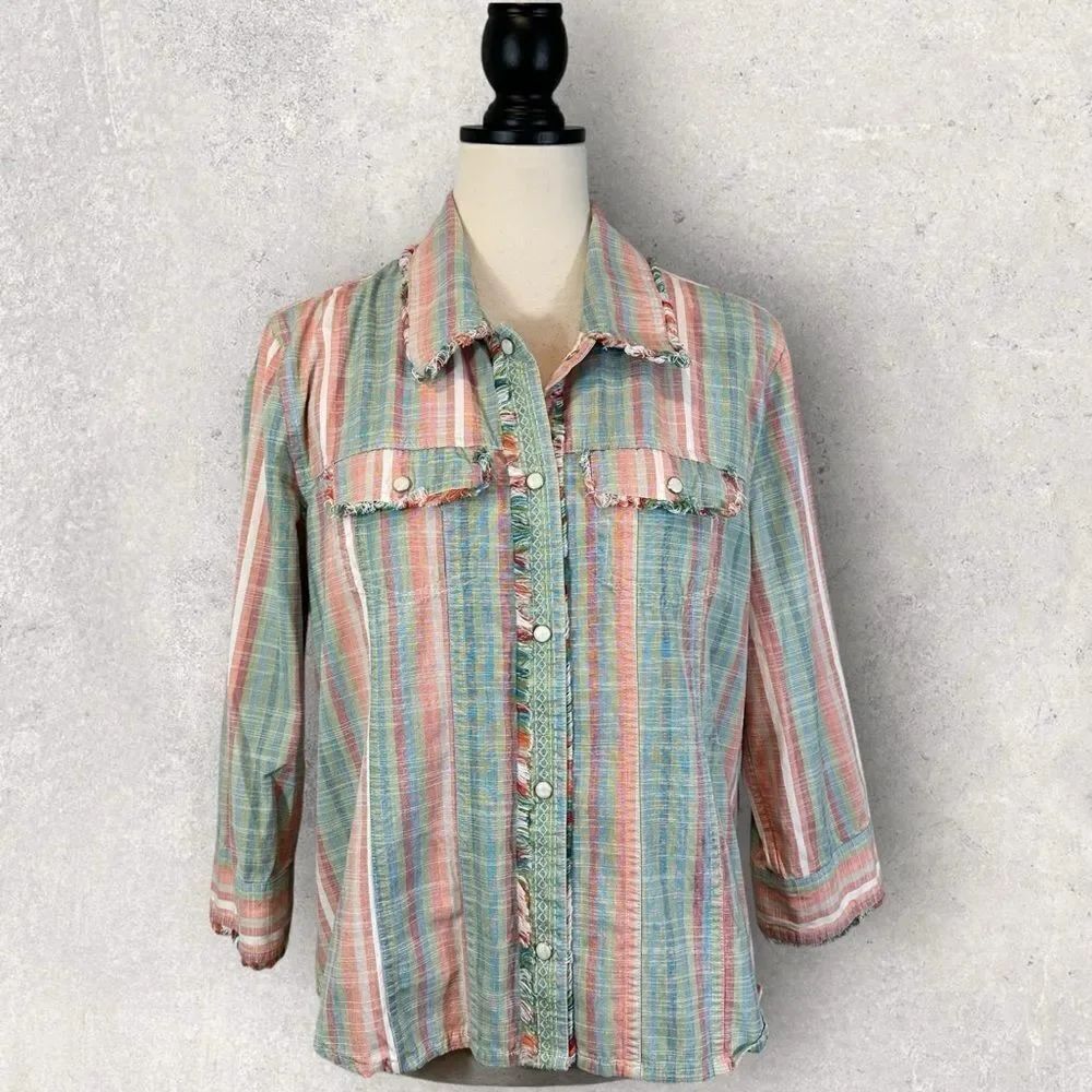 Christopher & Banks Striped Shirt Jacket Fringe Trim Cotton Snap Button Front L